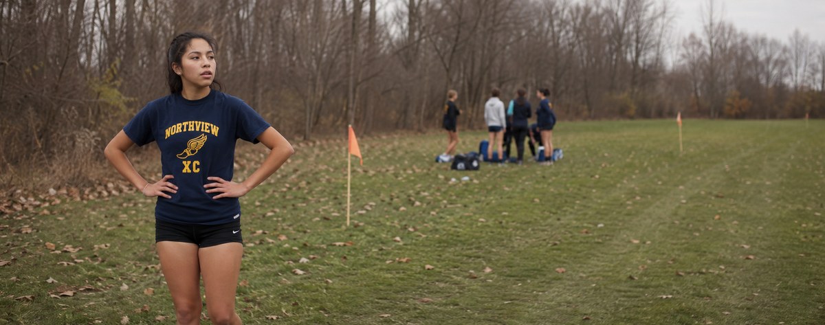 A high-school cross-country runner standing at the edge of a grass course in late autumn, hands on hips after a run, teammates gathering their bags in the background.
