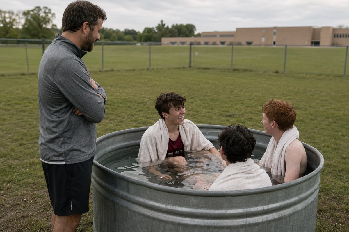 A high school cross-country coach standing at the edge of a plain stock tank while three teenage athletes sit in the water, relaxed and talking, one of them laughing — an ordinary, low-key team moment, not staged or dramatic.