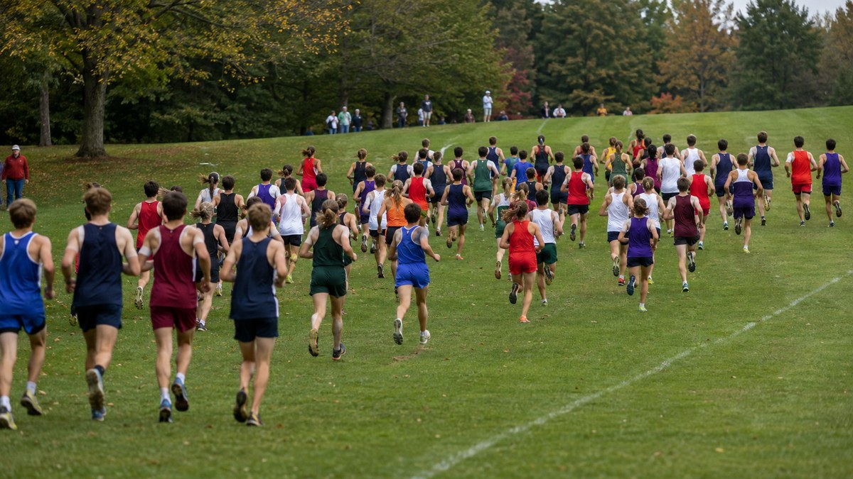 A large pack of high school cross-country runners, boys and girls in a mix of team colors, running up a gentle grass hill on an invitational course lined with autumn trees.