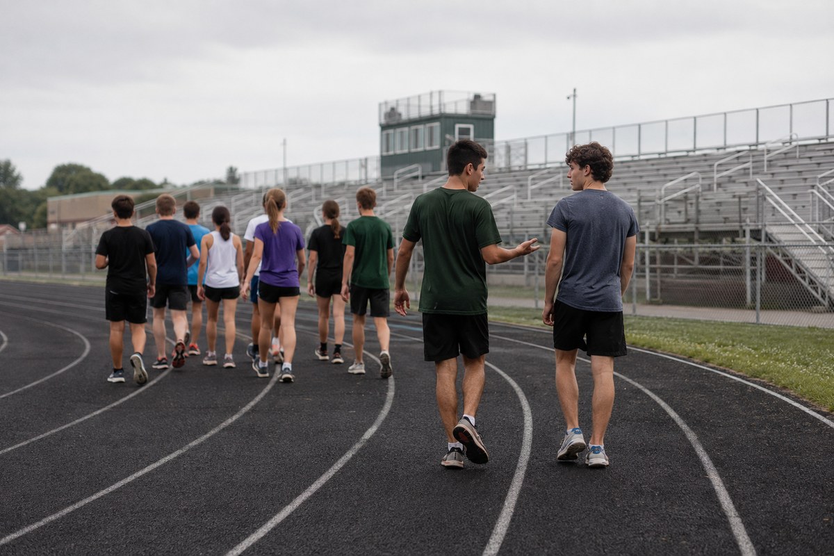 Two high-school runners talking at the back of the team on a cooldown walk around a school track, overcast light.