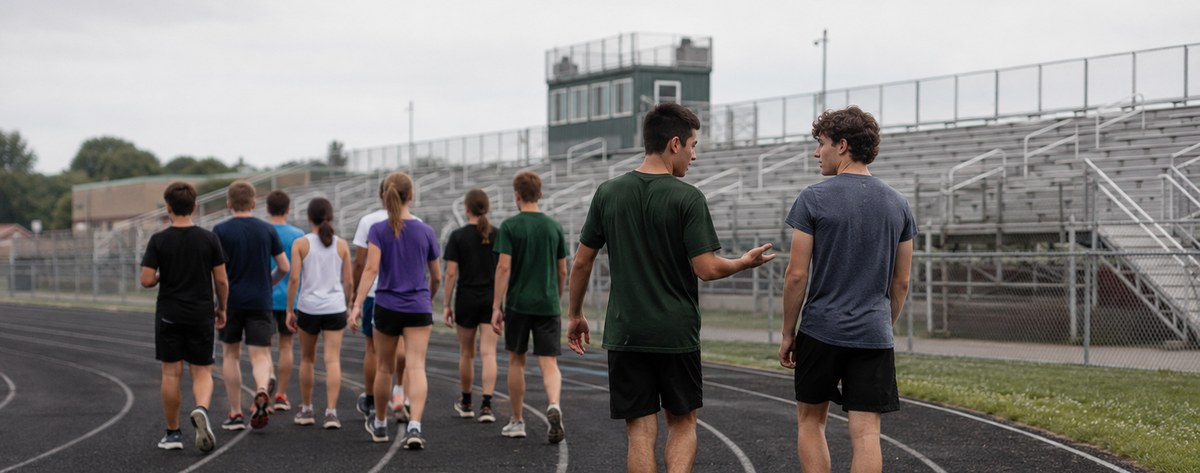 A high-school cross-country team on a cooldown walk after practice, two runners at the back of the group talking side by side, overcast light on a school track with the grandstand behind.