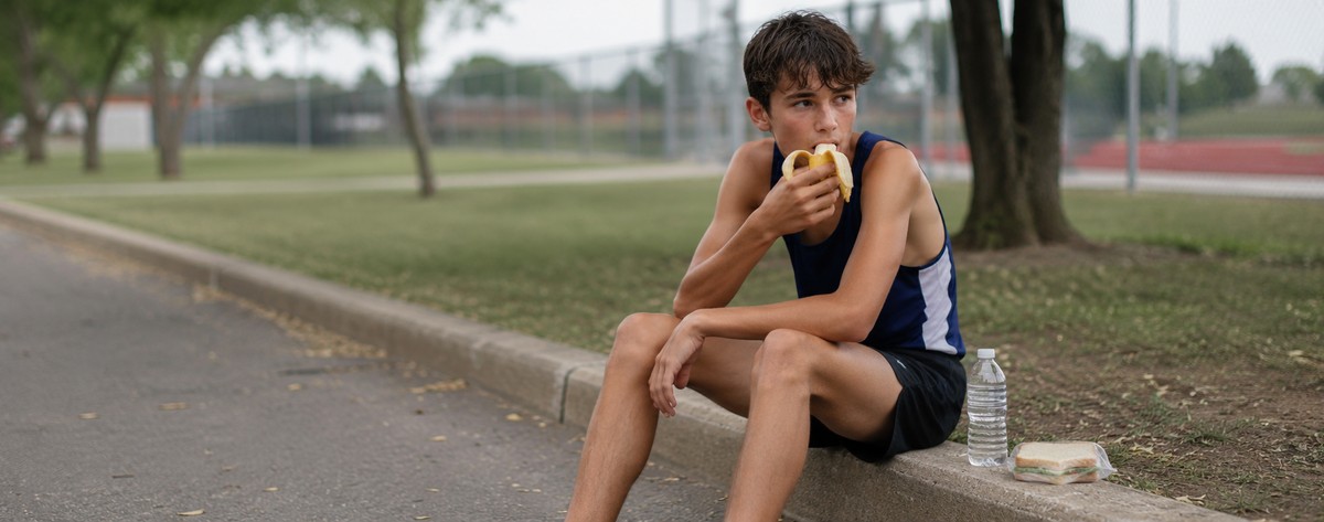 A high-school cross-country runner sitting on a curb after practice, unpacking a simple snack from a backpack — a banana and a sandwich — in unglamorous everyday light.