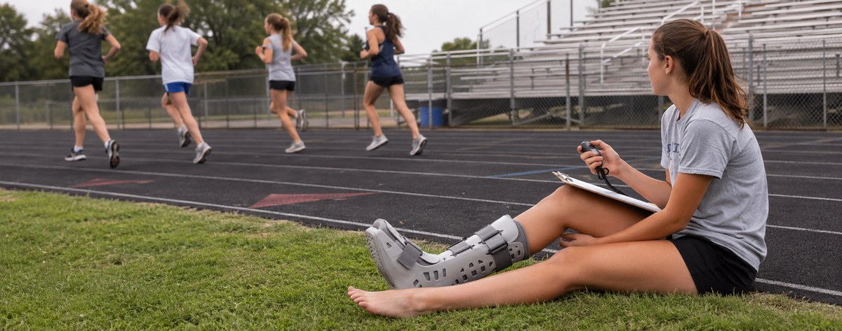 A high-school distance runner in team kit sitting on the infield grass beside the track in a walking boot, watching teammates run a workout in the late-afternoon light.