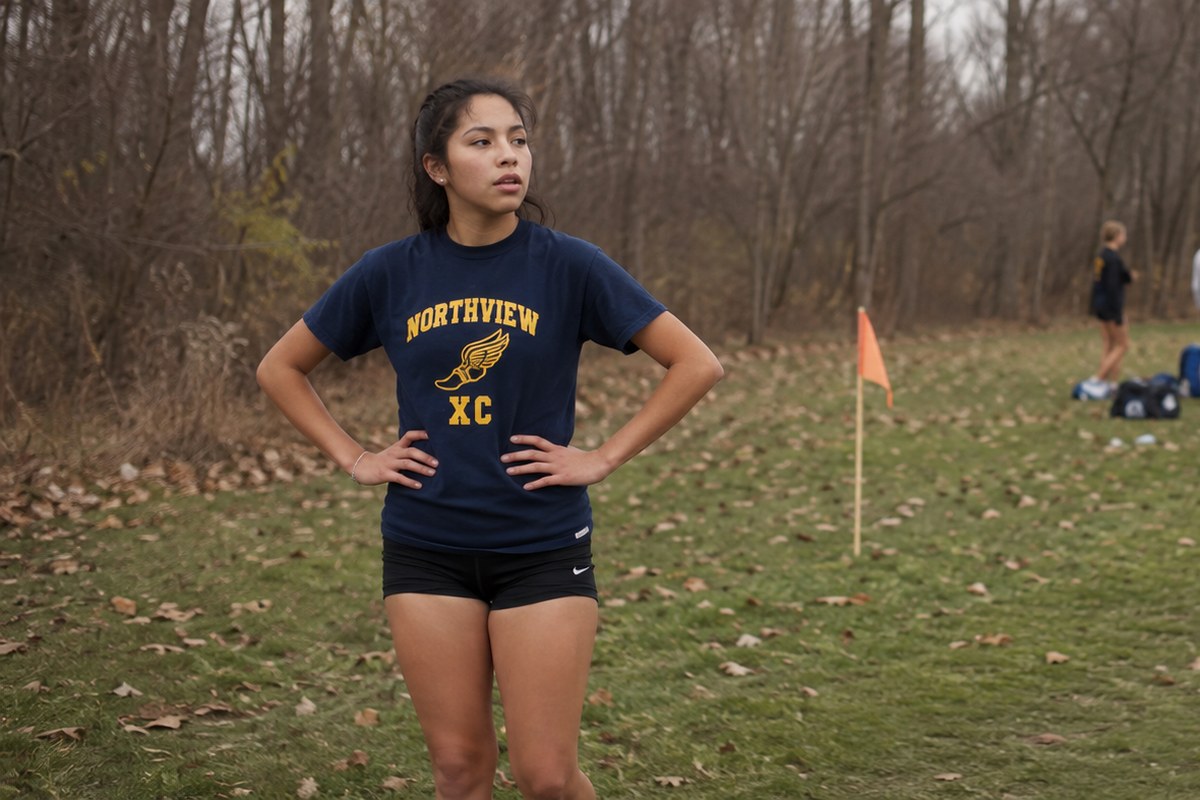 A high-school cross-country runner standing on a grass course in late autumn with hands on hips, an orange course marker and teammates behind her.