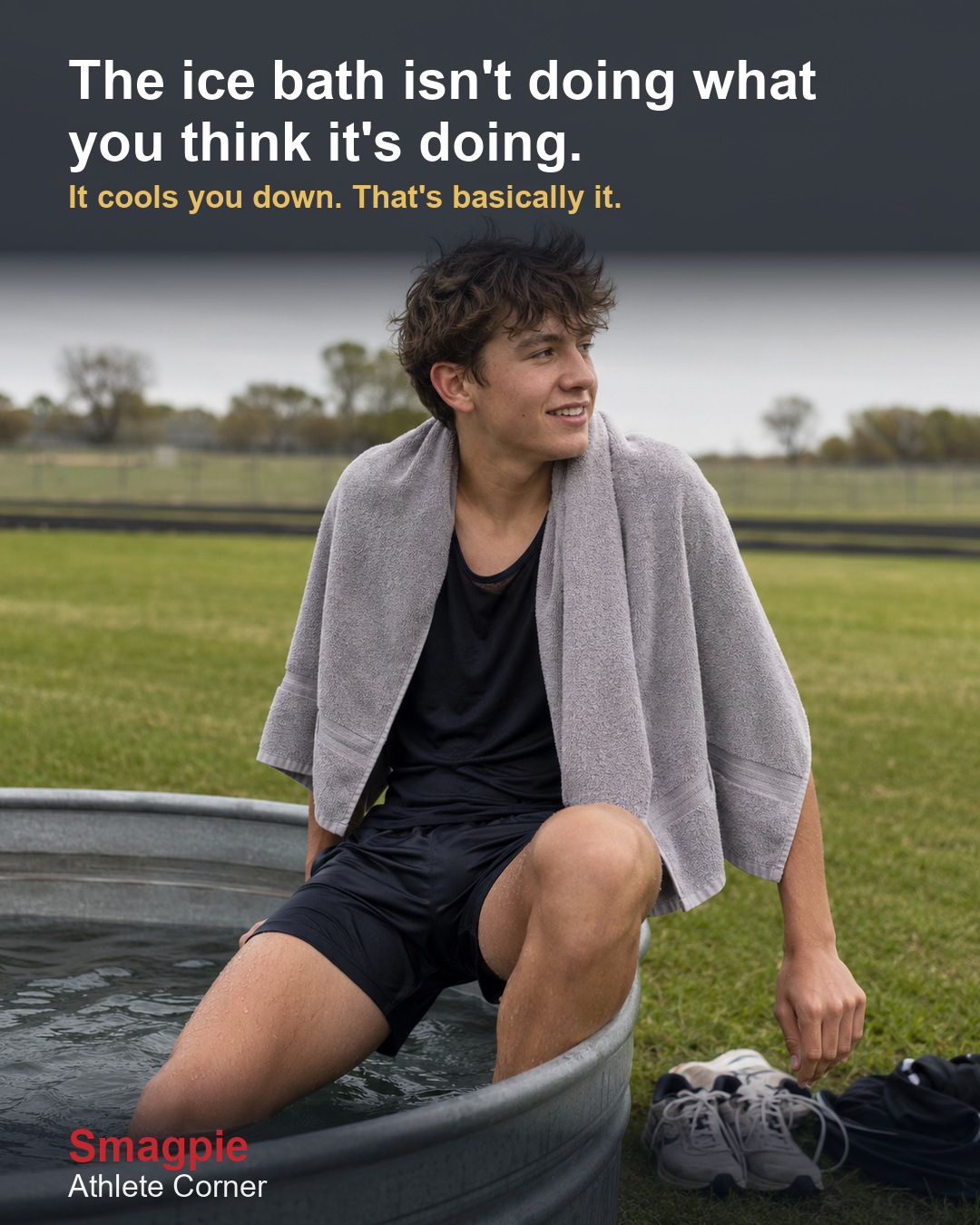 Share card reading: The ice bath isn't doing what you think it's doing. It cools you down — that's basically it.