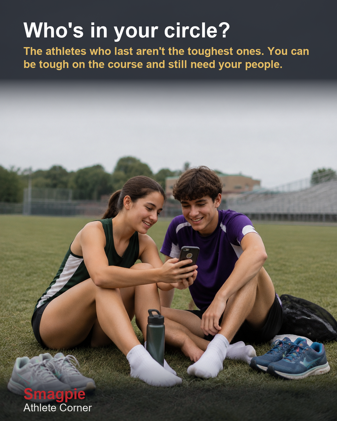 Share card reading: Who's in your circle? The athletes who last aren't the toughest ones. You can be tough on the course and still need your people.
