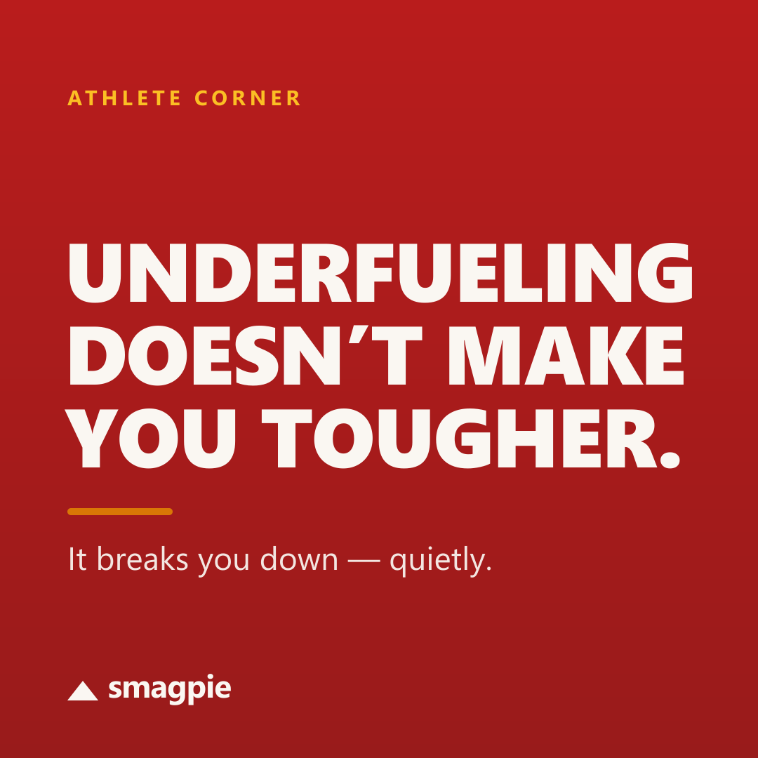 Share card reading: Underfueling doesn't make you tougher — it breaks you down, quietly.