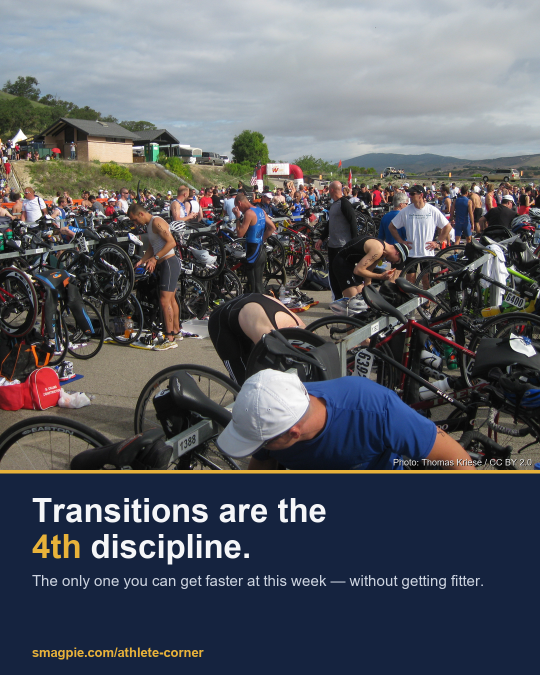 Share card reading: Transitions are the 4th discipline — the only one you can get faster at this week, without getting fitter.