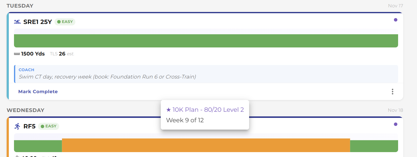 An athlete's Tuesday swim workout with a purple plan-dot indicator top-right, a blue COACH note ('Swim CT day, recovery week') below the workout metadata, and an open plan-context popover reading '10K Plan - 80/20 Level 2, Week 9 of 12' above Wednesday's run workout.